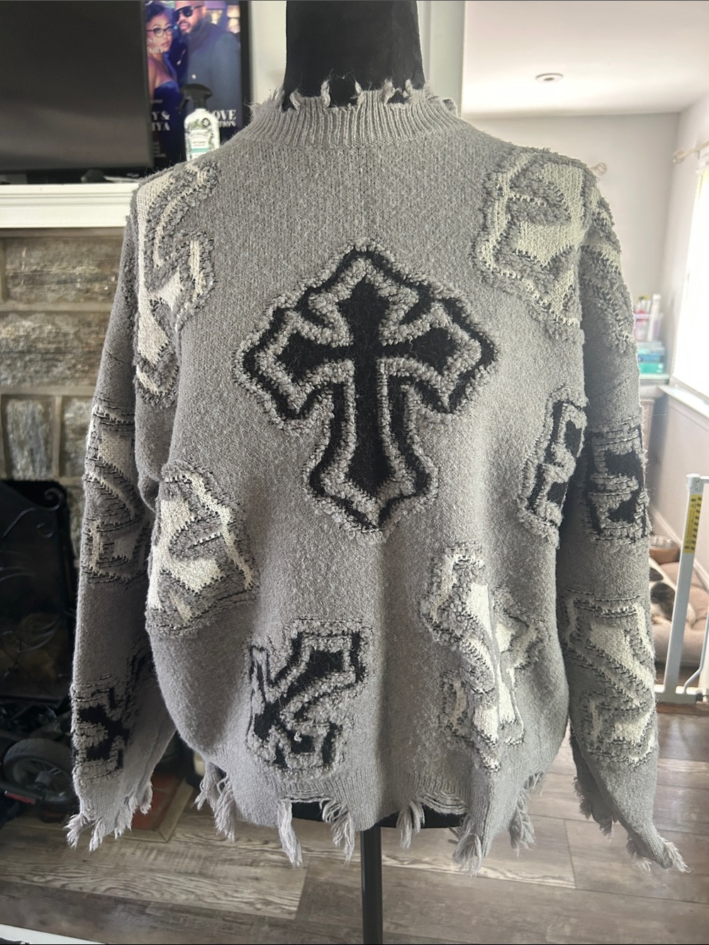 Men's Gray Distressed Cross-Pattern Sweater